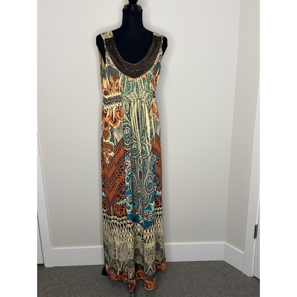 One World Women's Yellow Beaded Embellished Neck Maxi Dress Sz M